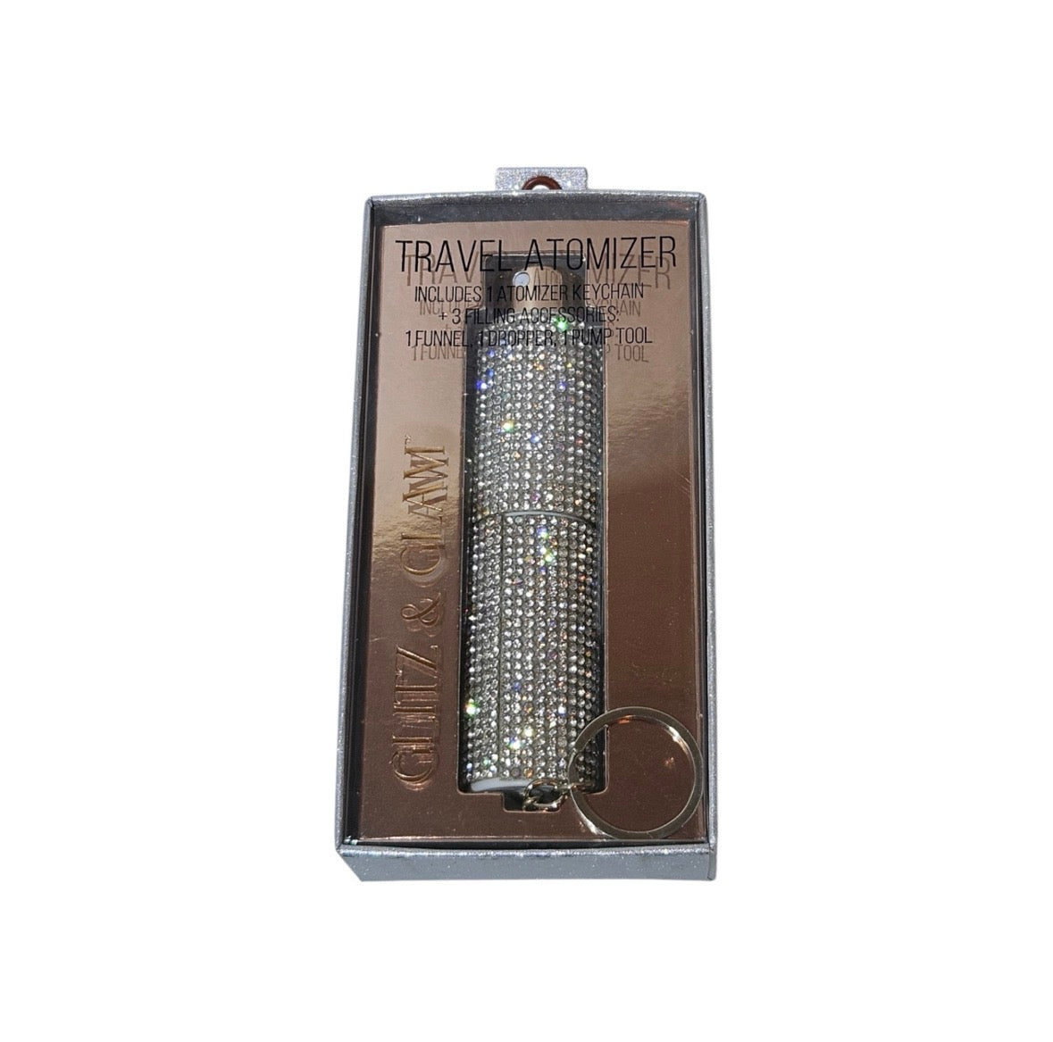 GLITZ & GLAM Travel Perfume Spray Atomizer Keychain SILVER blinged Rhinestone