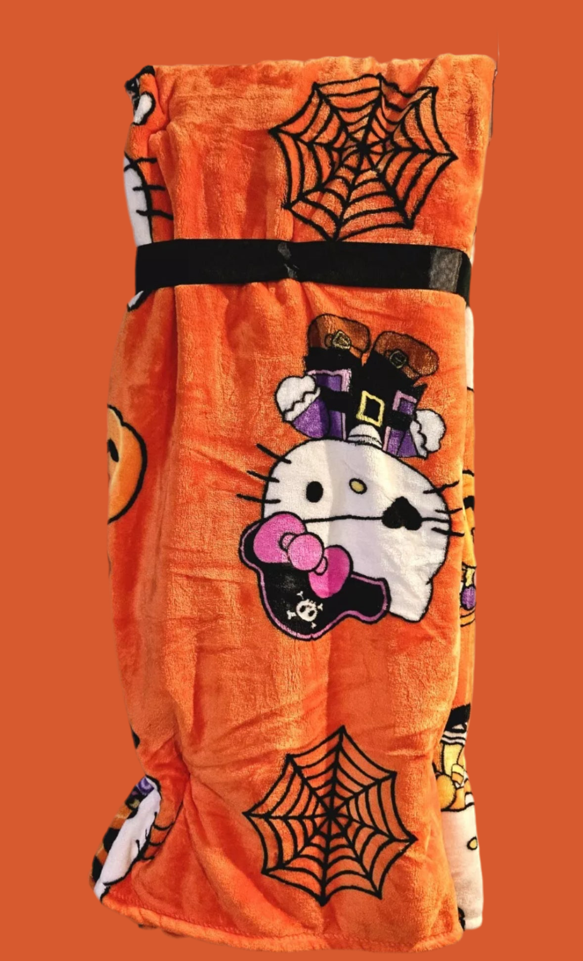 Hello Kitty Halloween Pirate Candy Corn Spiderwebs 60x70" Plush Orange Blanket