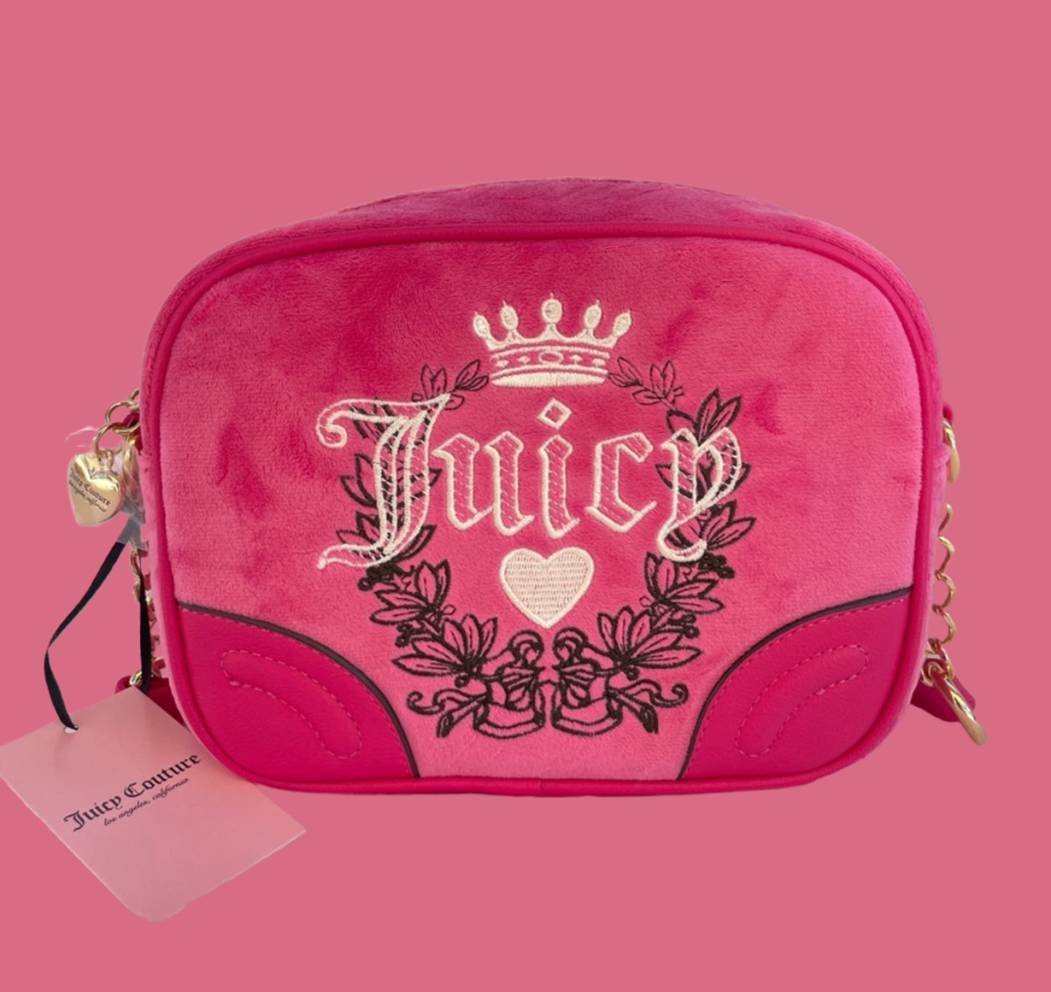 Juicy Couture Heritage Crossbody Velour Shoulder Bag Pink Flash Embroidery Purse