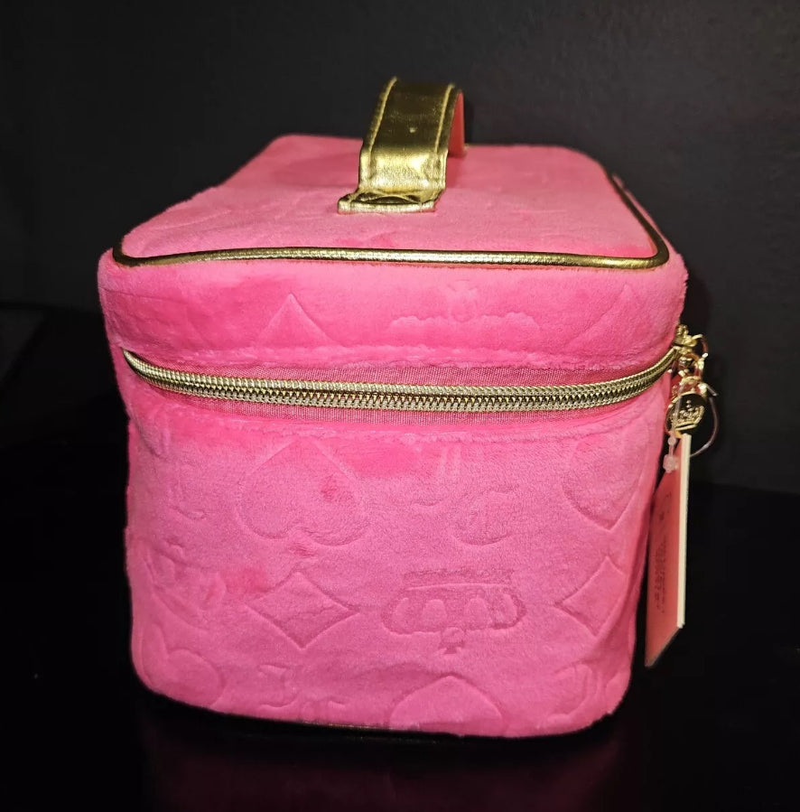 Juicy Couture Pink/Gold Logo Velour  Makeup Bag Includes 1 Toiletry Bottle