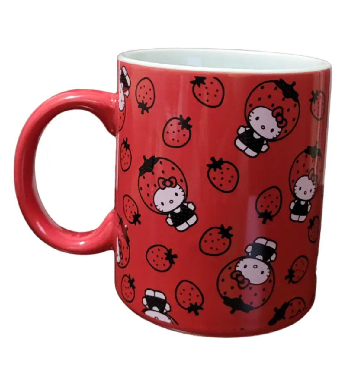 Sanrio Hello Kitty Red and Black with Strawberries 16 OZ Ceramic Kawaii Mug