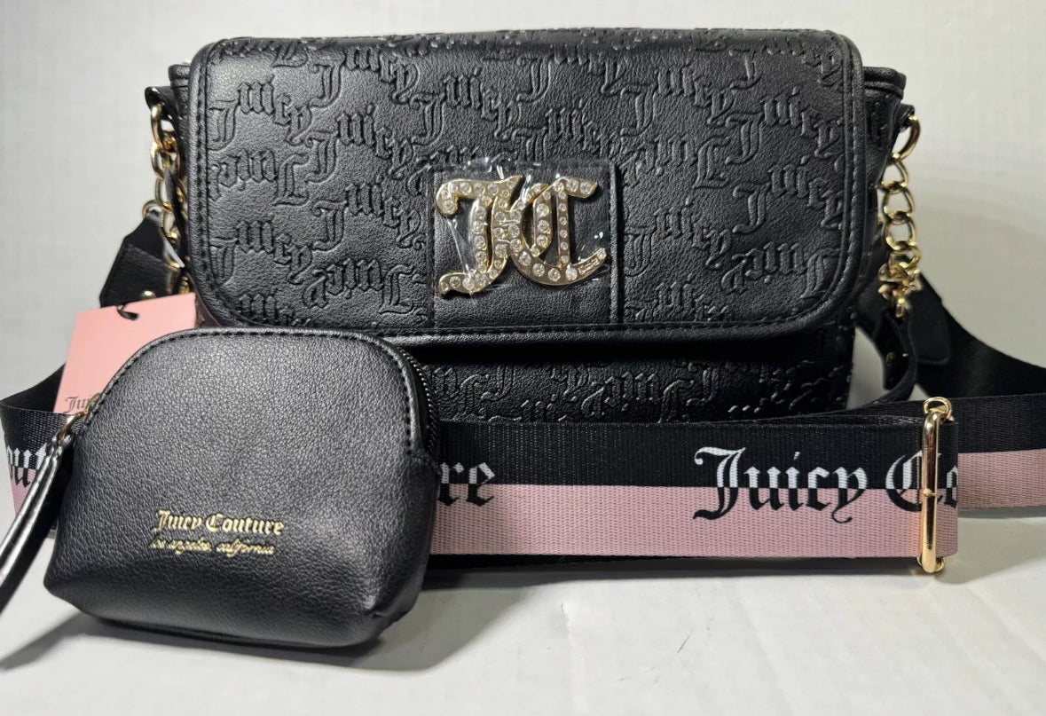 Juicy Couture Liquorice Charm City Crossbody Purse Bag  2 Straps Bling