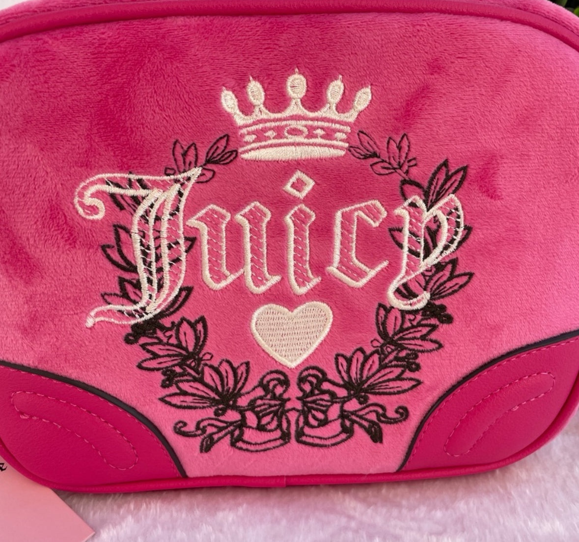 Juicy Couture Heritage Crossbody Velour Shoulder Bag Pink Flash Embroidery Purse