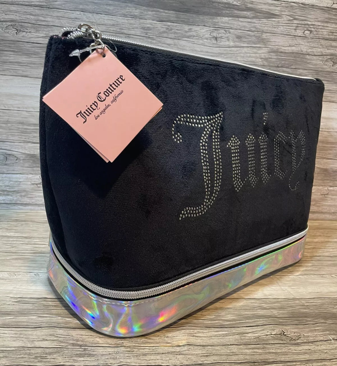 JUICY COUTURE Rhinestone Cosmetic Travel Makeup Bag Large Black Iridescent