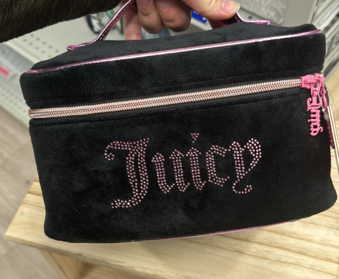 Juicy Couture Black Valour Rhinestone Makeup Bag Train Case Pink Handle