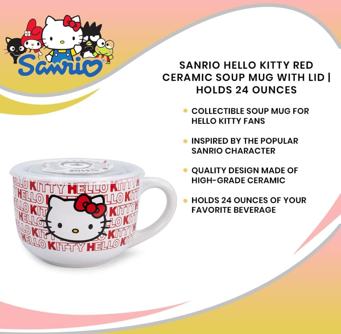 Sanrio Hello Kitty Red Ceramic Soup Mug With Vented Lid