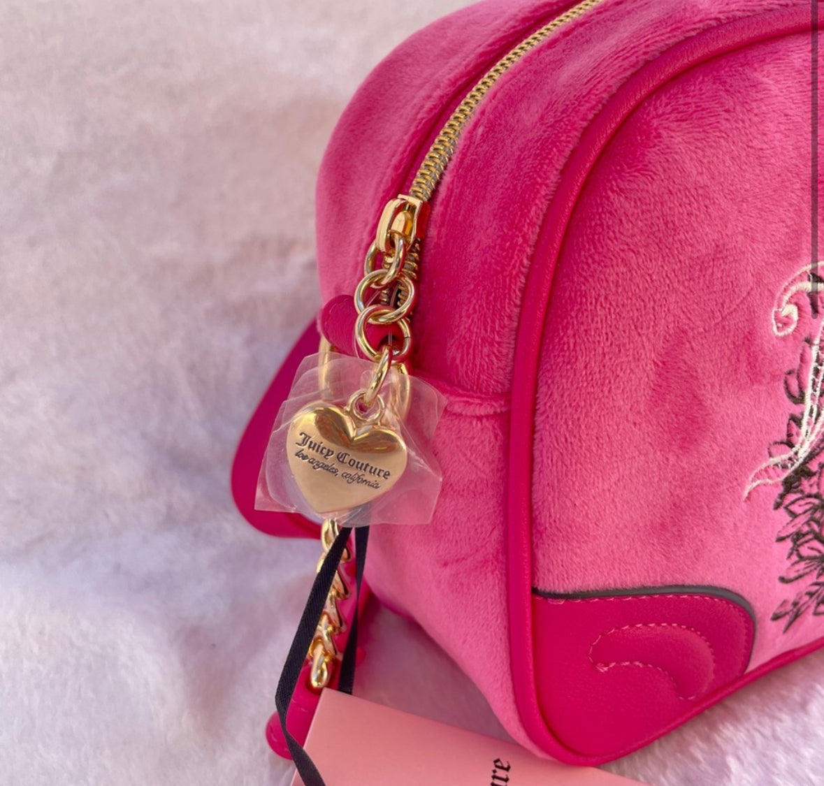 Juicy Couture Heritage Crossbody Velour Shoulder Bag Pink Flash Embroidery Purse