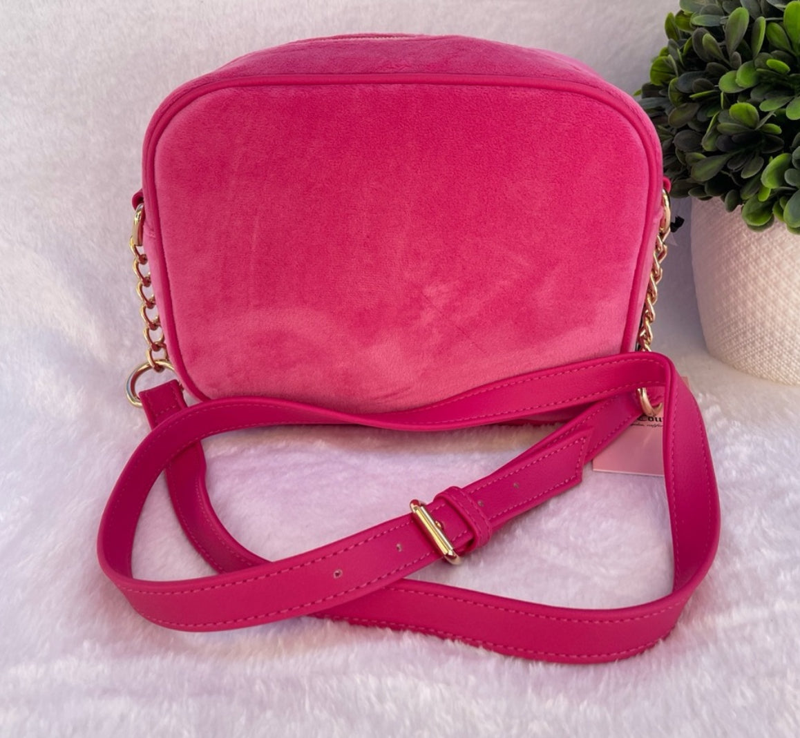 Juicy Couture Heritage Crossbody Velour Shoulder Bag Pink Flash Embroidery Purse