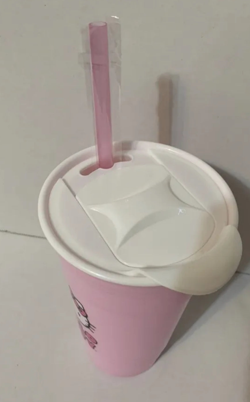 Hello Kitty Pink Plastic Tumbler With Lid and Straw Holds 32 Ounces Sanrio