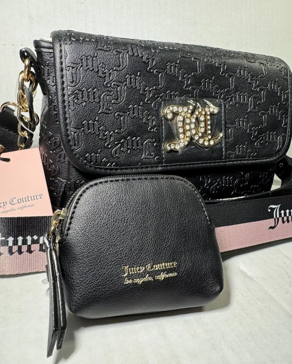 Juicy Couture Liquorice Charm City Crossbody Purse Bag  2 Straps Bling