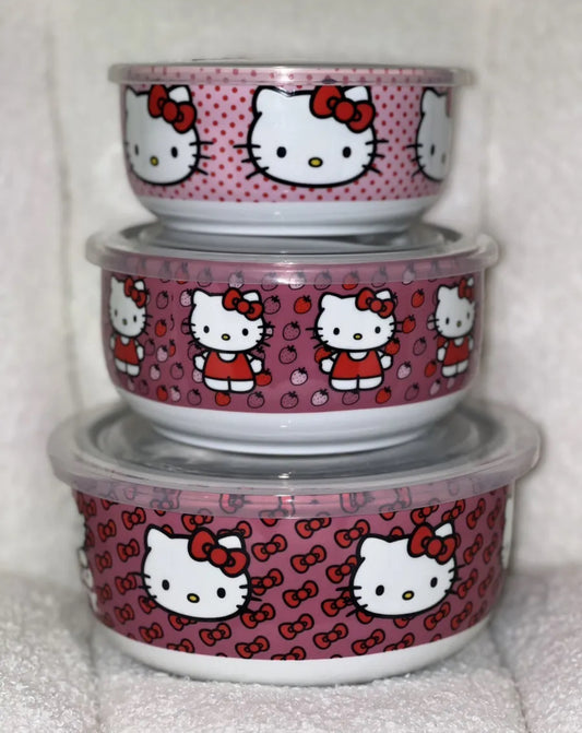 SANRIO Hello Kitty 3 Piece Pink Ceramic Time Release Tupperware (Sm,Md,Lg)