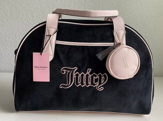 Juicy Couture Black And Pink Velour Queen Of Everything Weekender Duffle Bag