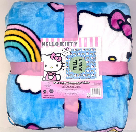 Hello Kitty Super Soft Plush Blanket 90 X 90 In Full / Queen Blue Rainbows