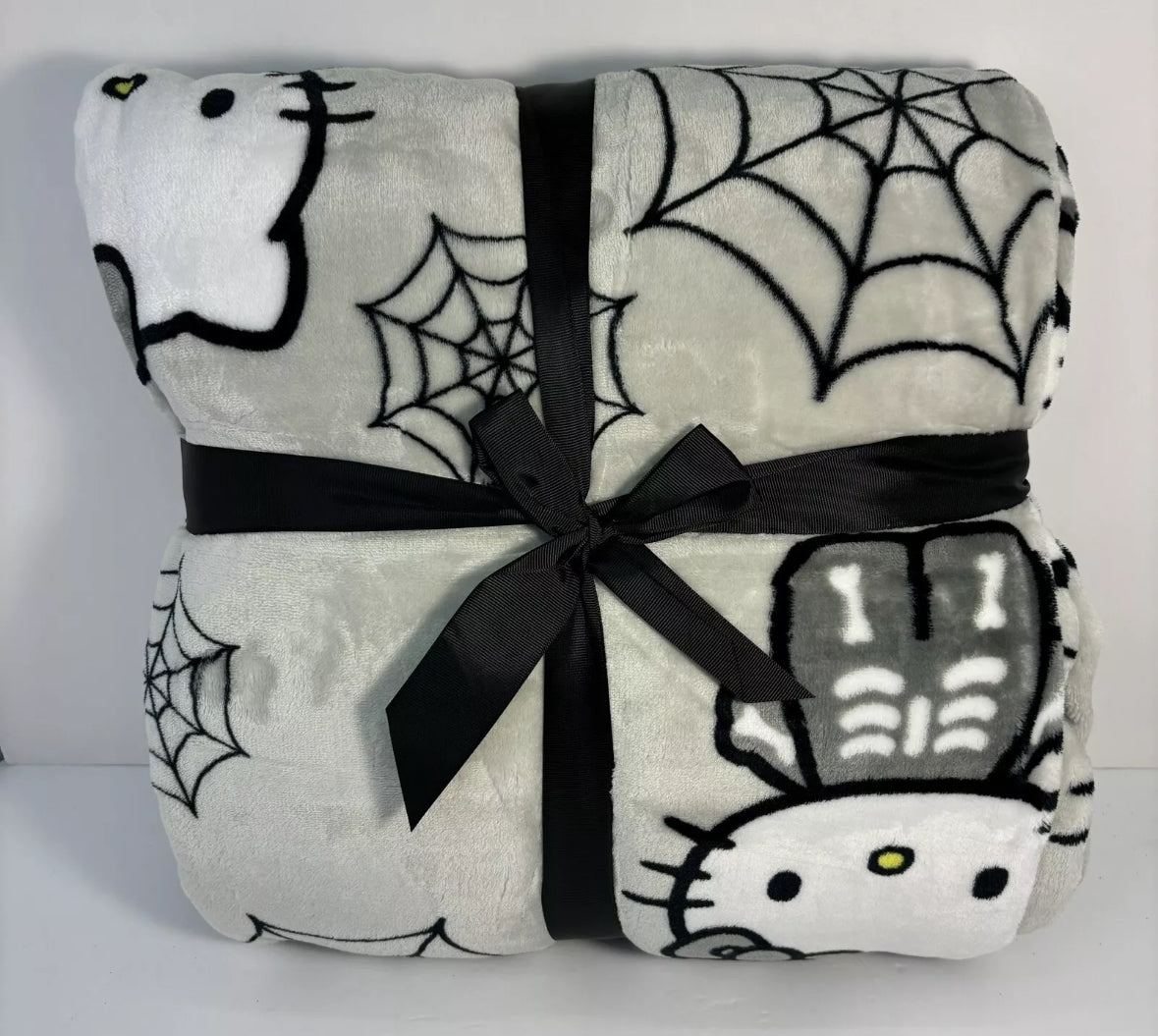 Hello Kitty Halloween Spiderweb Skeleton GRAY Queen Blanket 90 x 90"