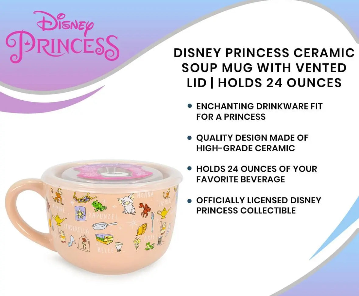 Disney Princess Ceramic Soup Mug with Vented Lid | Holds 24 Ounces