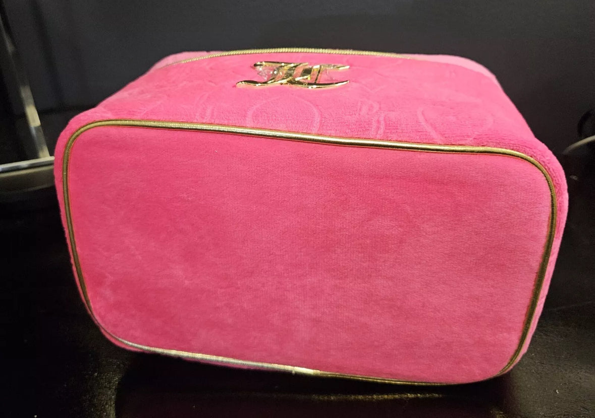 Juicy Couture Pink/Gold Logo Velour  Makeup Bag Includes 1 Toiletry Bottle