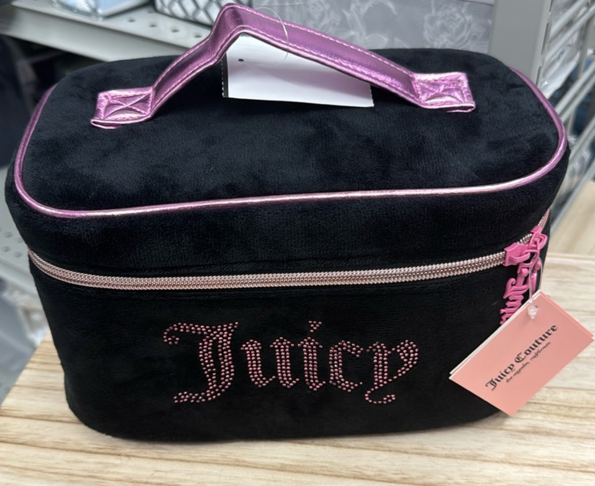 Juicy Couture Black Valour Rhinestone Makeup Bag Train Case Pink Handle