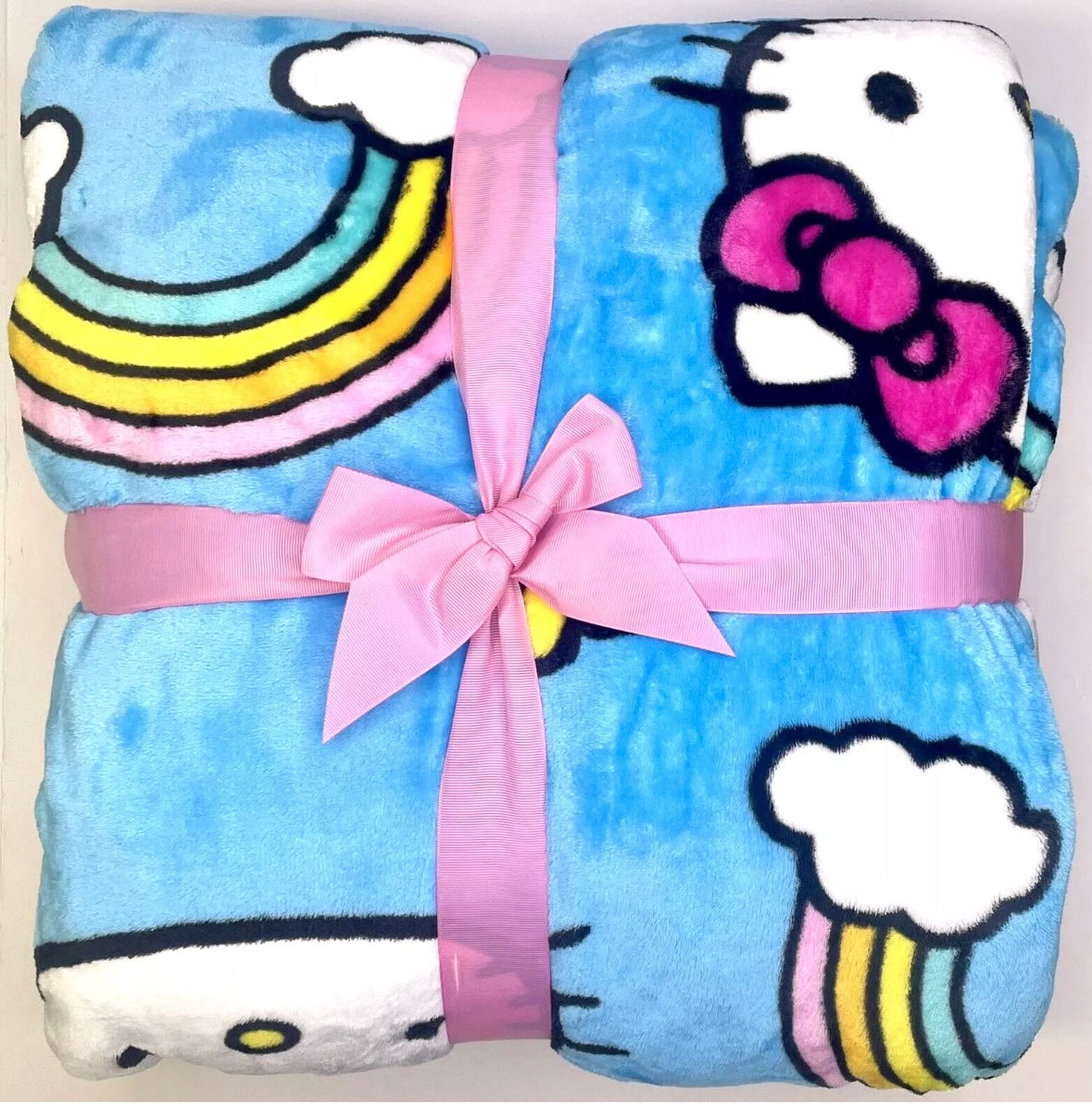 Hello Kitty Super Soft Plush Blanket 90 X 90 In Full / Queen Blue Rainbows