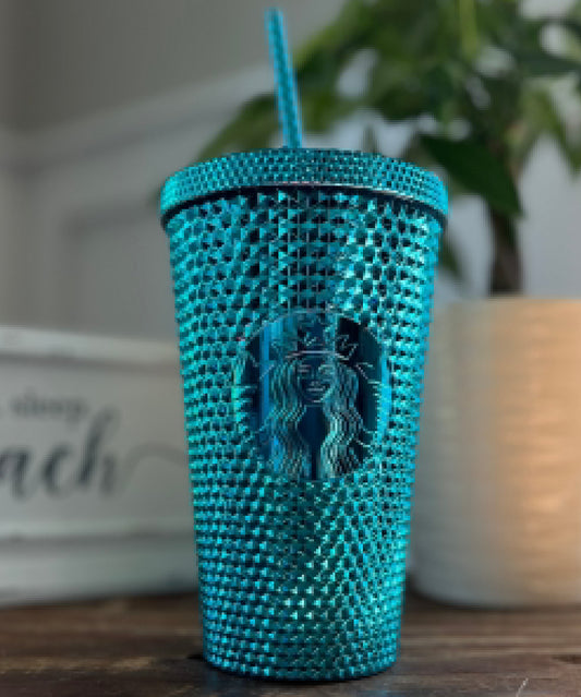 Starbucks “Summer Blue Chrome Teal Bling Studded 16oz Venti Cold Cup Tumbler.