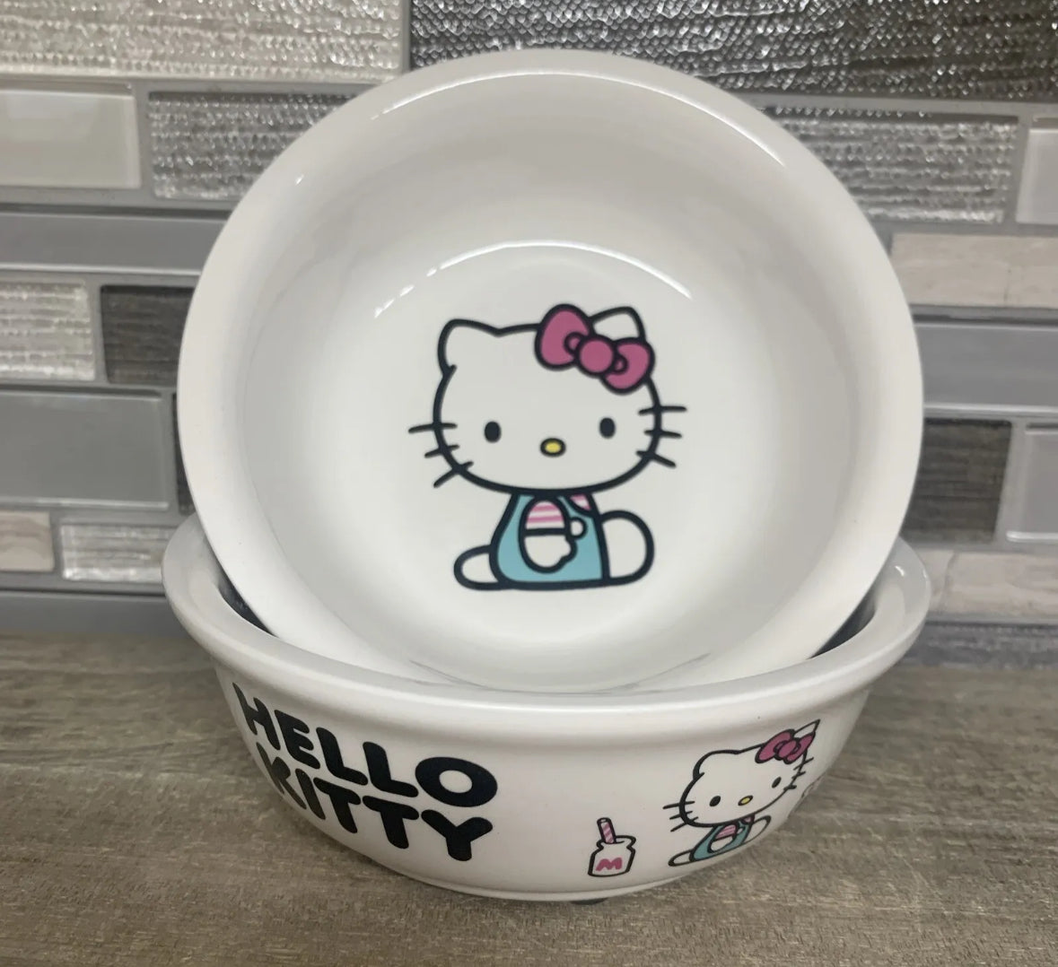 Hello Kitty Set Of 2 Ceramic White Pet Bowls Dog Cat Food Water 5" Bowl