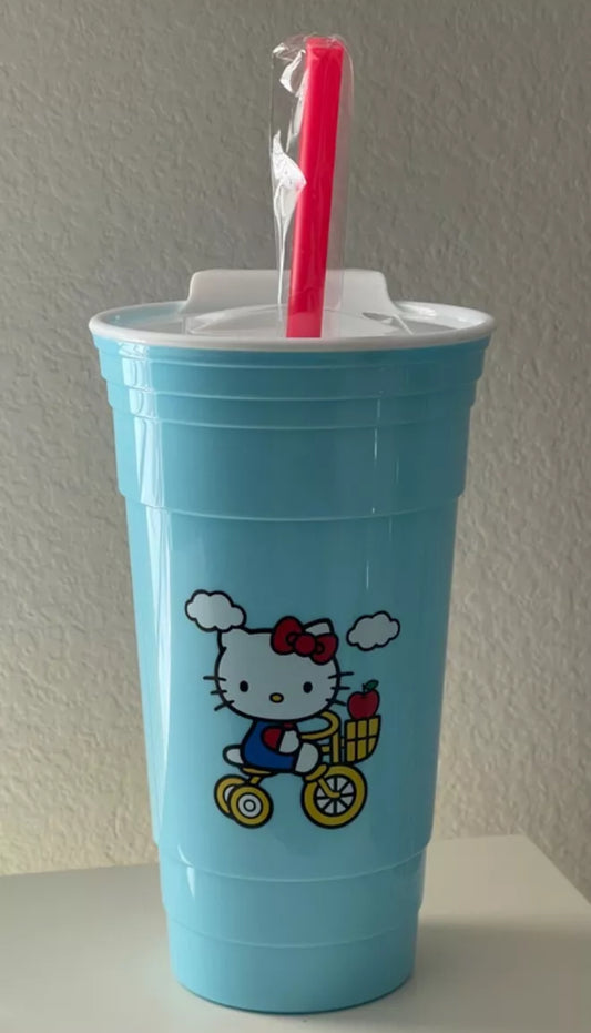 Hello Kitty on Bike Plastic Blue Tumbler With Lid and Straw Holds 32 Oz Sanrio