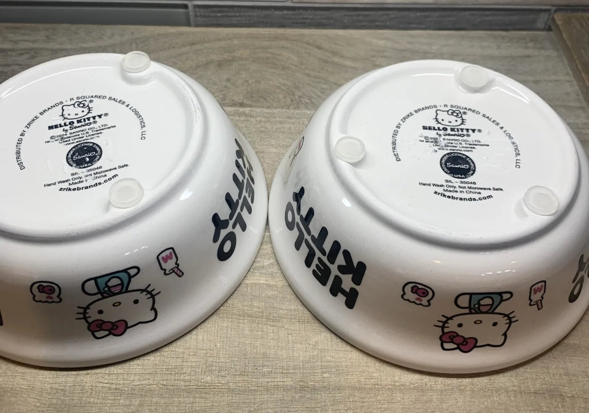 Hello Kitty Set Of 2 Ceramic White Pet Bowls Dog Cat Food Water 5" Bowl