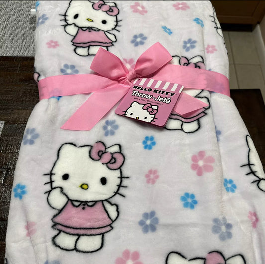 HELLO KITTY Spring Flowers Pink Soft Plush Sanrio Blanket 50"X 70"