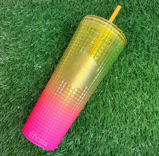 Starbucks Lemon Yellow Pink Gradient Ombre Grid 24oz Venti Tumbler