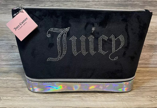 JUICY COUTURE Rhinestone Cosmetic Travel Makeup Bag Large Black Iridescent