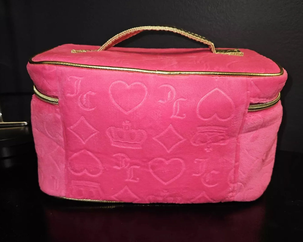 Juicy Couture Pink/Gold Logo Velour  Makeup Bag Includes 1 Toiletry Bottle