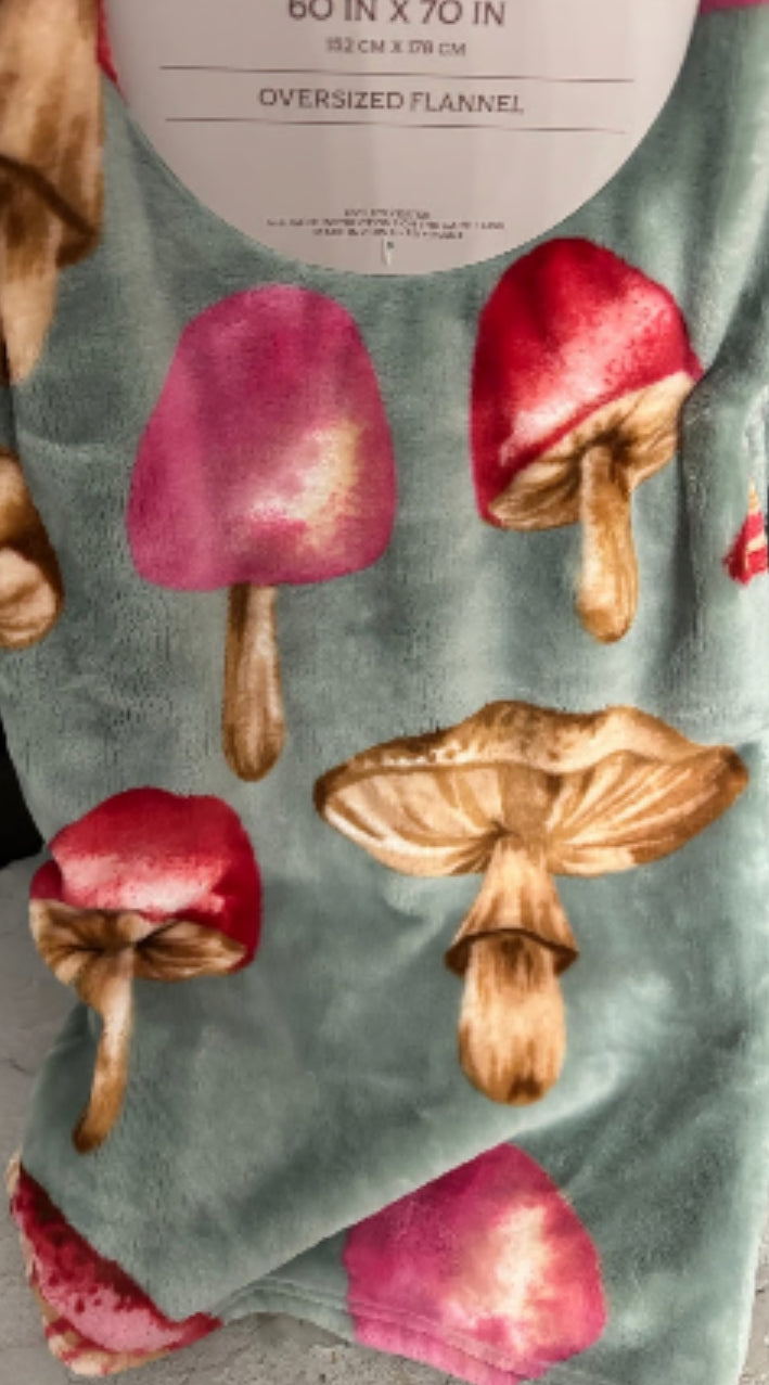 OVERSIZED ENCHANTED FOREST MUSHROOM RED PINK TAN, GREEN THROW BLANKET