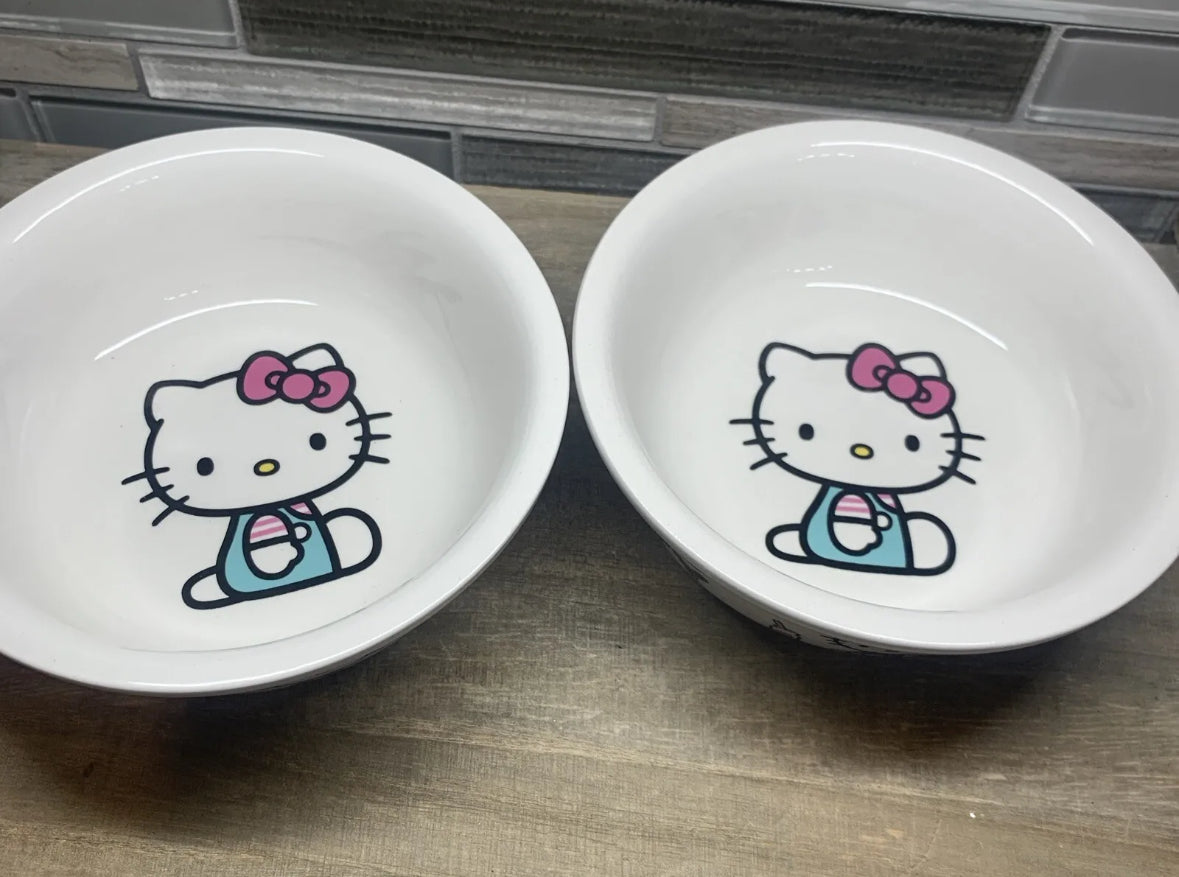 Hello Kitty Set Of 2 Ceramic White Pet Bowls Dog Cat Food Water 5" Bowl