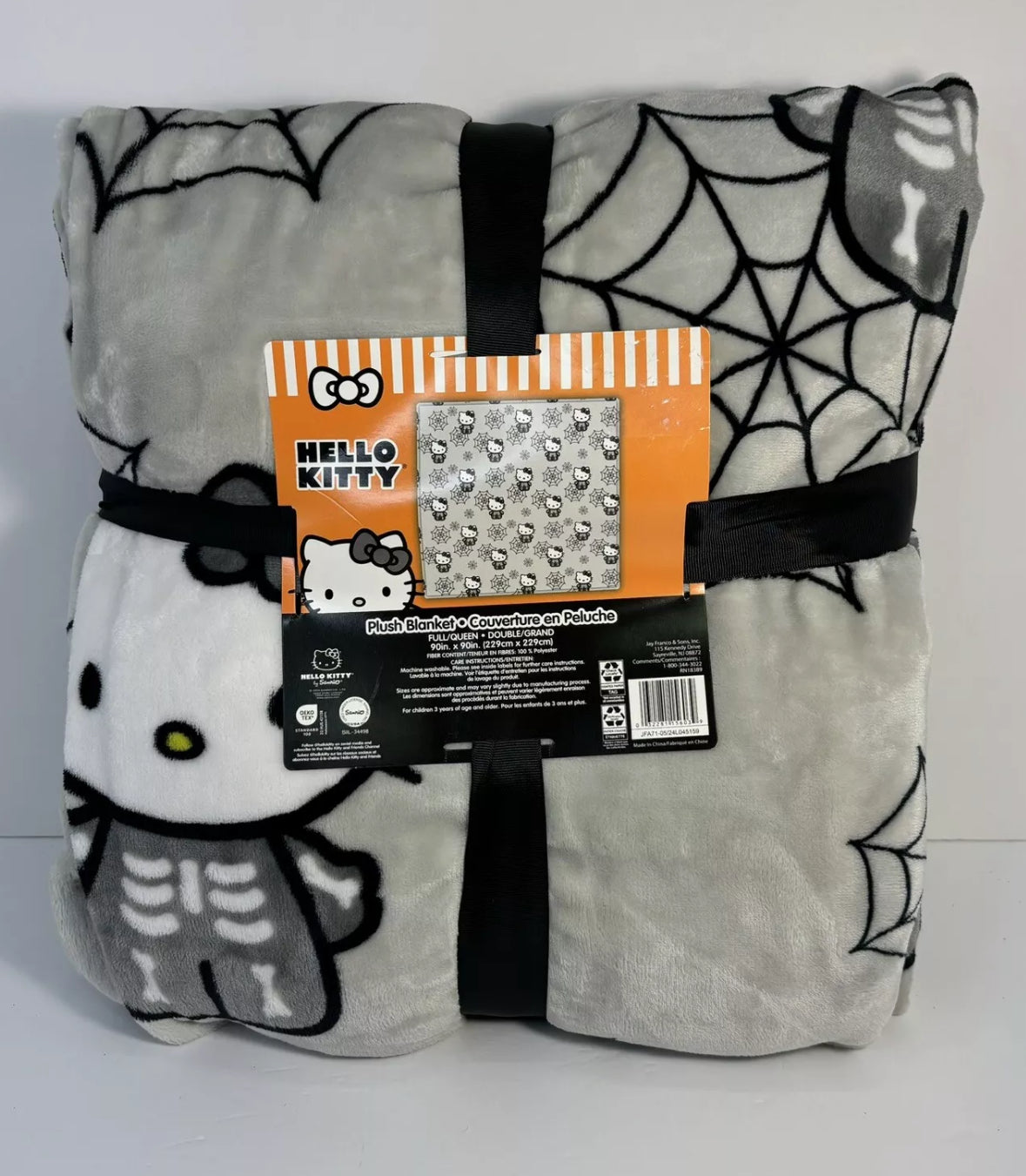 Hello Kitty Halloween Spiderweb Skeleton GRAY Queen Blanket 90 x 90"