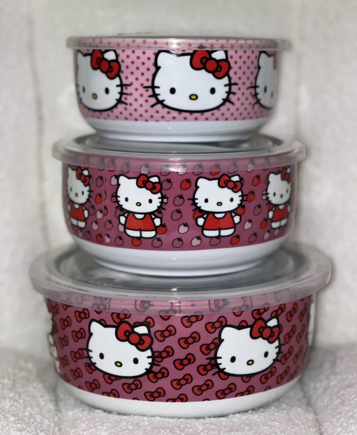 SANRIO Hello Kitty 3 Piece Pink Ceramic Time Release Tupperware (Sm,Md,Lg)