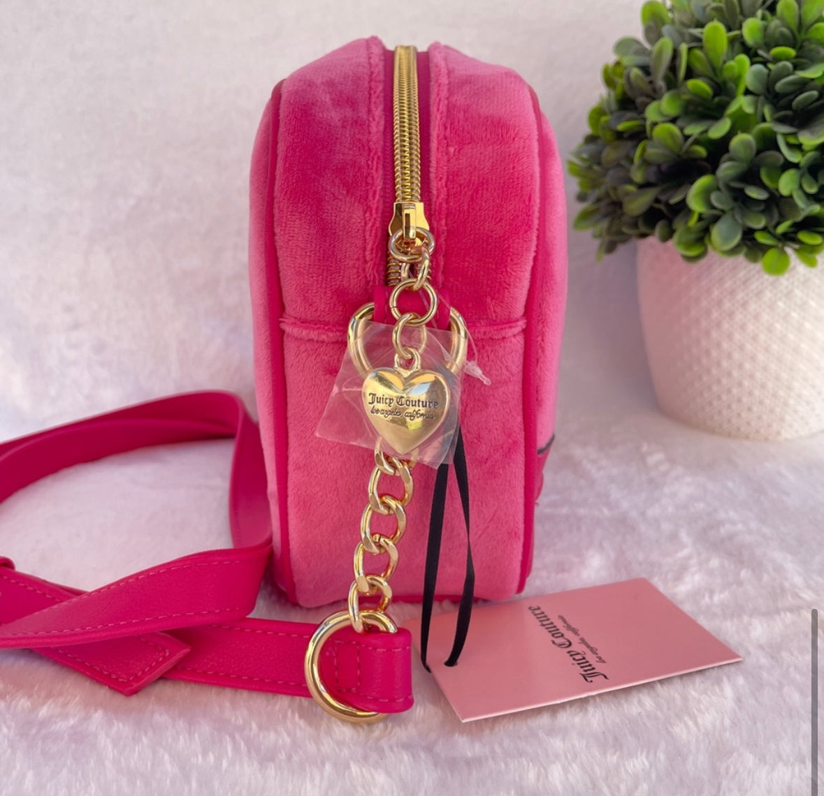 Juicy Couture Heritage Crossbody Velour Shoulder Bag Pink Flash Embroidery Purse