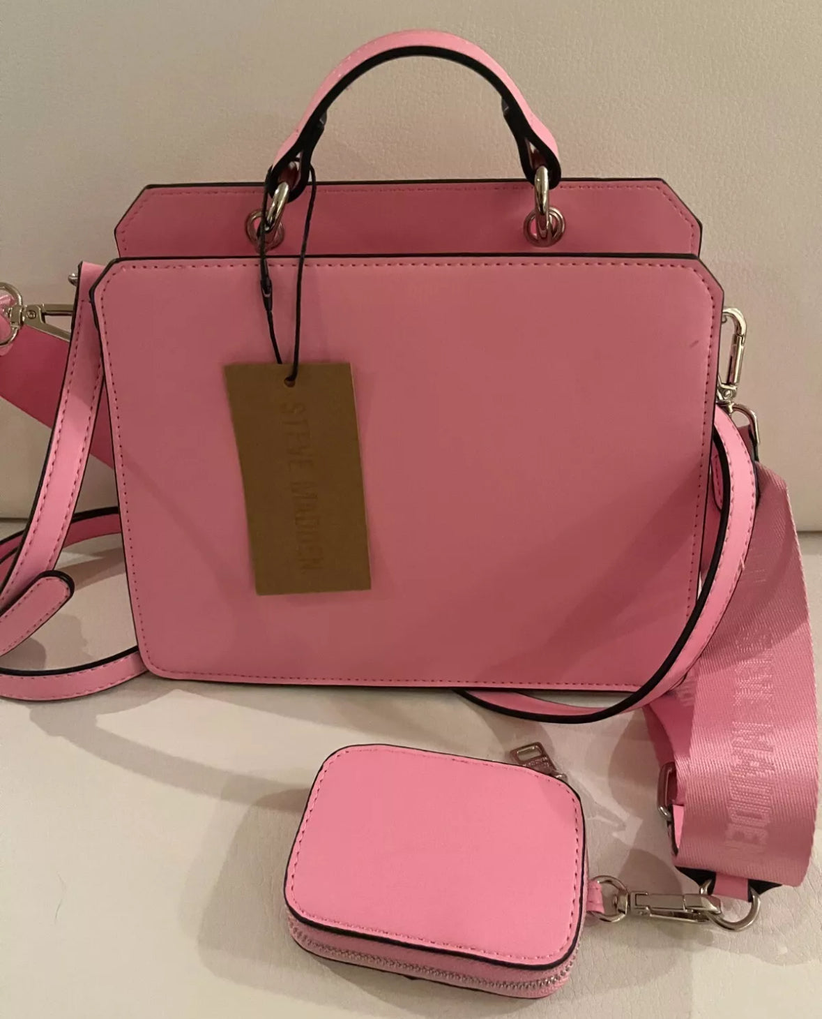 STEVE MADDEN BEVELYN SATCHEL CROSSBODY BAG W AIR POD CASE  FONDANT PINK