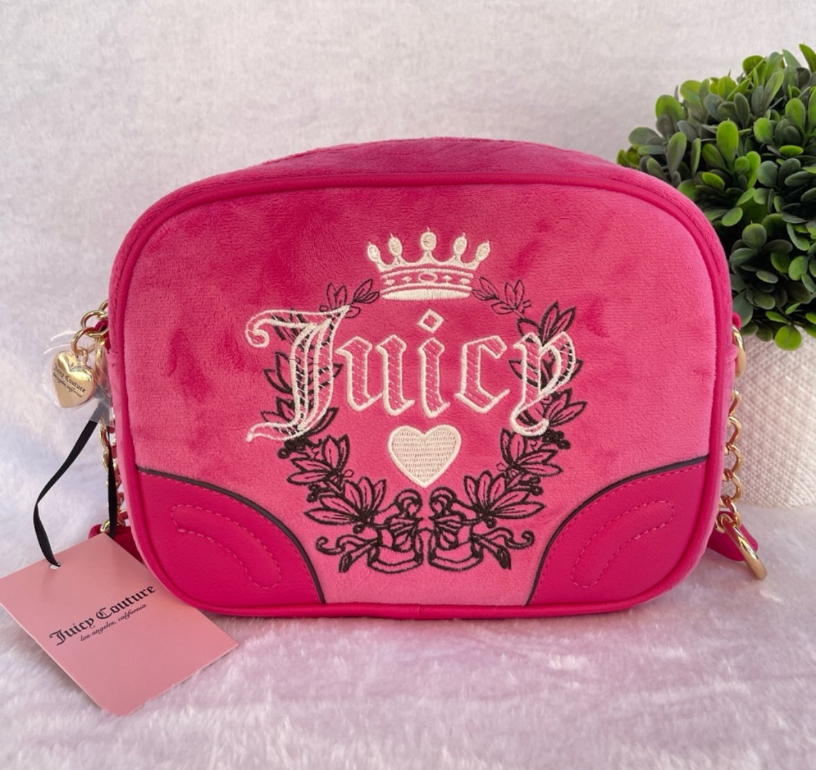 Juicy Couture Heritage Crossbody Velour Shoulder Bag Pink Flash Embroidery Purse