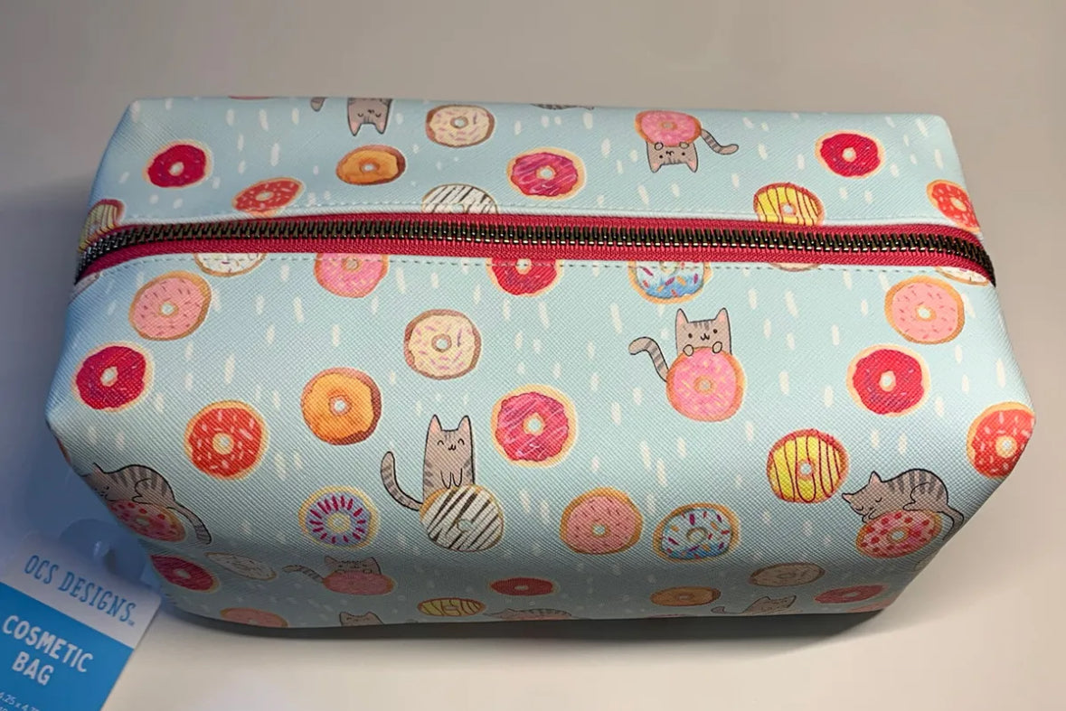 OCS Designs Cosmetic Makeup Bag Toiletry Cat Donut Zip Up