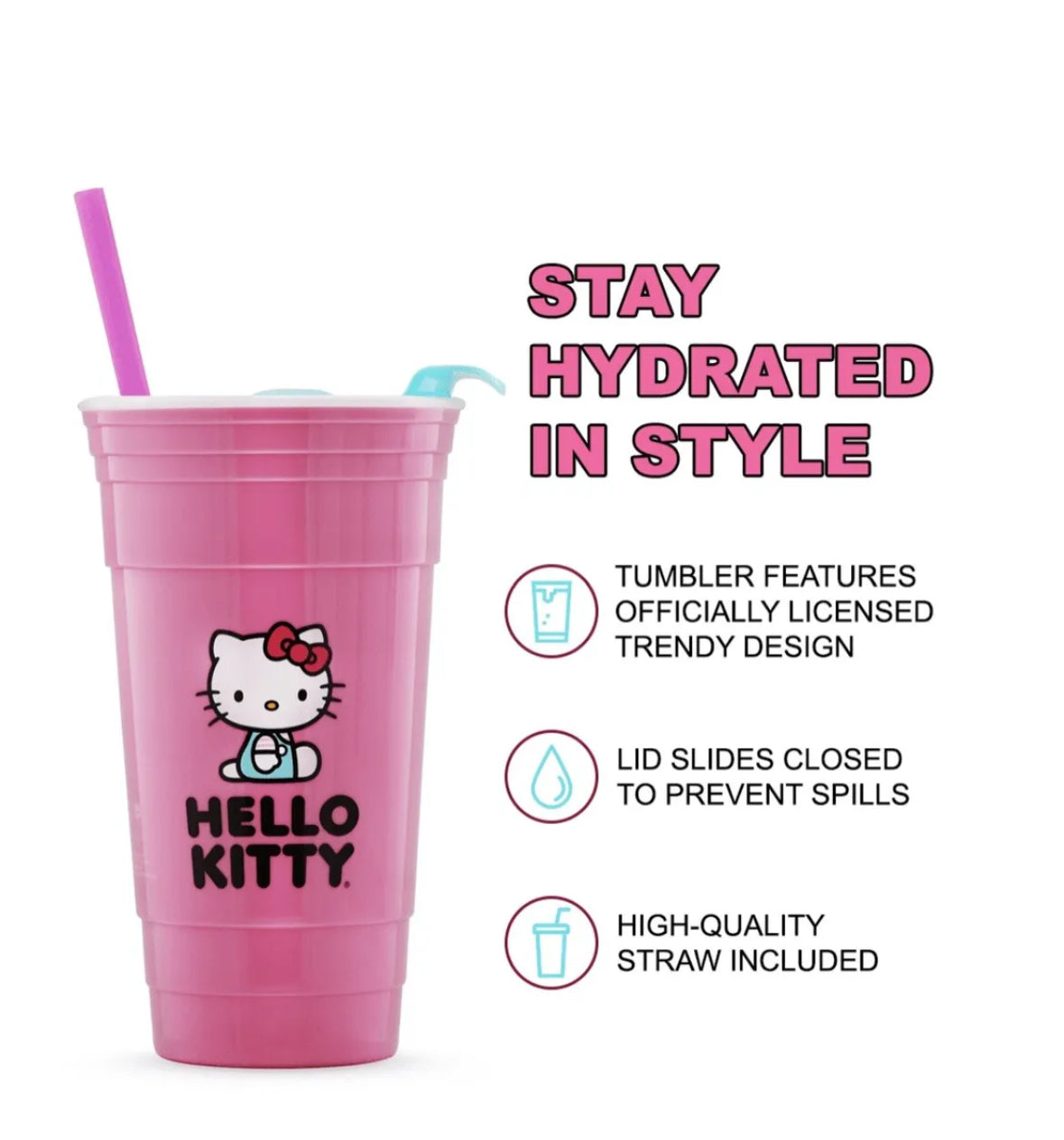 Hello Kitty Pink Plastic Tumbler With Lid and Straw Holds 32 Ounces Sanrio