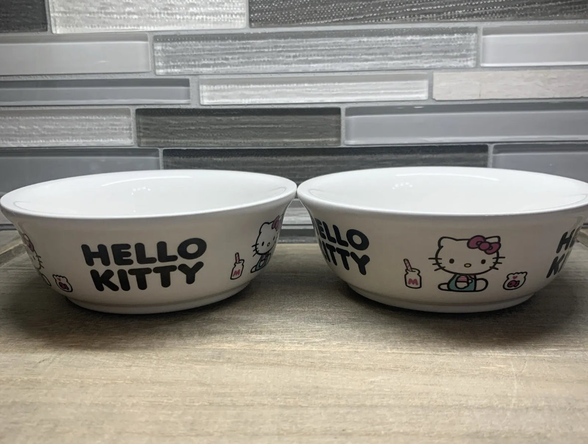 Hello Kitty Set Of 2 Ceramic White Pet Bowls Dog Cat Food Water 5" Bowl