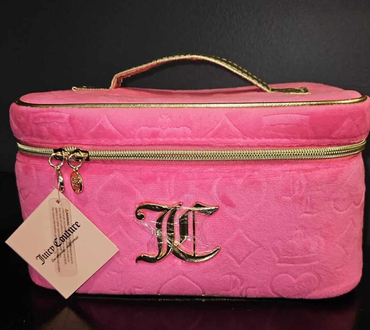 Juicy Couture Pink/Gold Logo Velour  Makeup Bag Includes 1 Toiletry Bottle