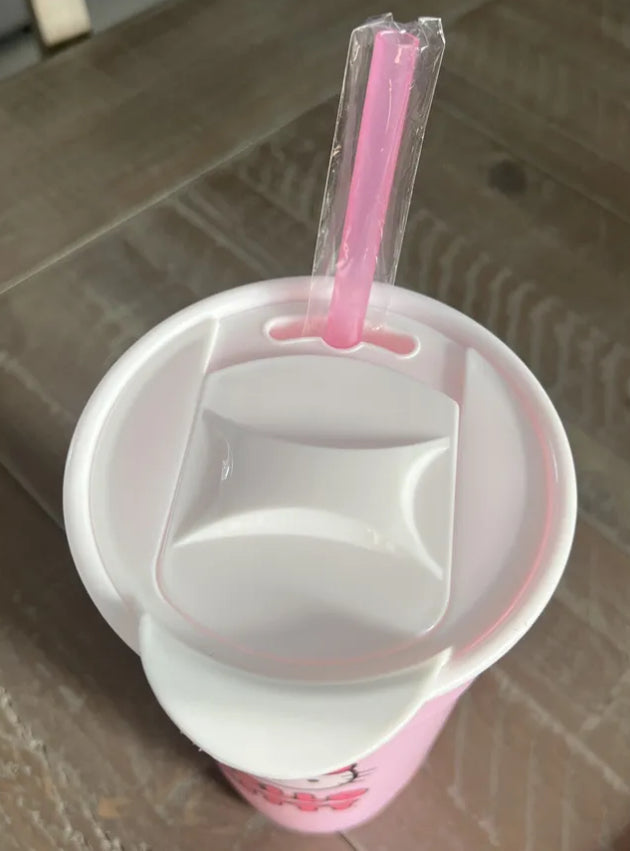 Hello Kitty Pink Plastic Tumbler With Lid and Straw Holds 32 Ounces Sanrio