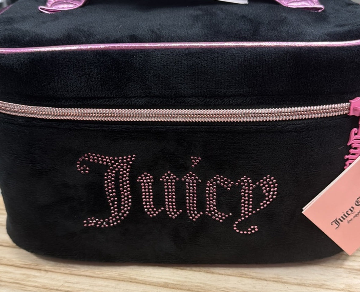 Juicy Couture Black Valour Rhinestone Makeup Bag Train Case Pink Handle